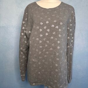 Talbots Grey Long Sleeve Top with Silver Heart Print Size XL